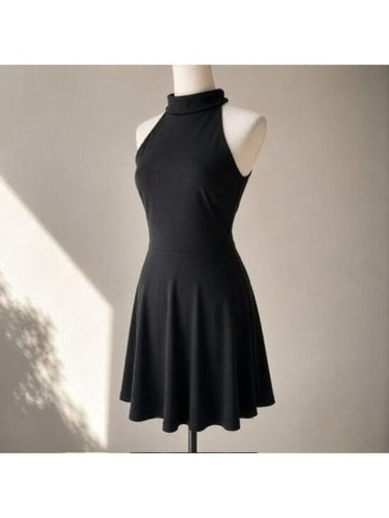 Unbranded Dresses & Skirts - Black Halter Mock Neck Open Back Fit & Flare Jersey Midi Dress LBD S Cocktail